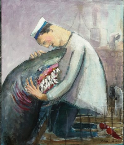 Mornar i pas , 50x60 cm,ulje na platnu, Prodata